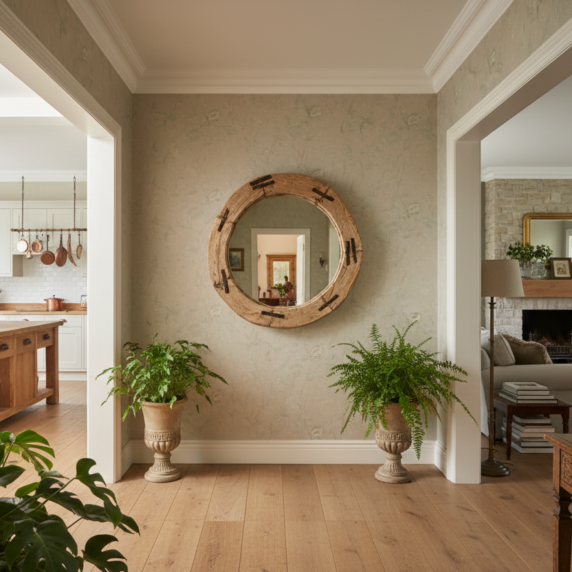 Houten spiegel Ø100 cm met metalen strips – stoer design