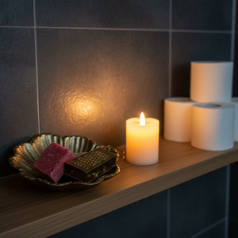 2 amberblokjes op een goudkleurige bloemschaal op een schap met een brandende led-kaars en rollen wc papier