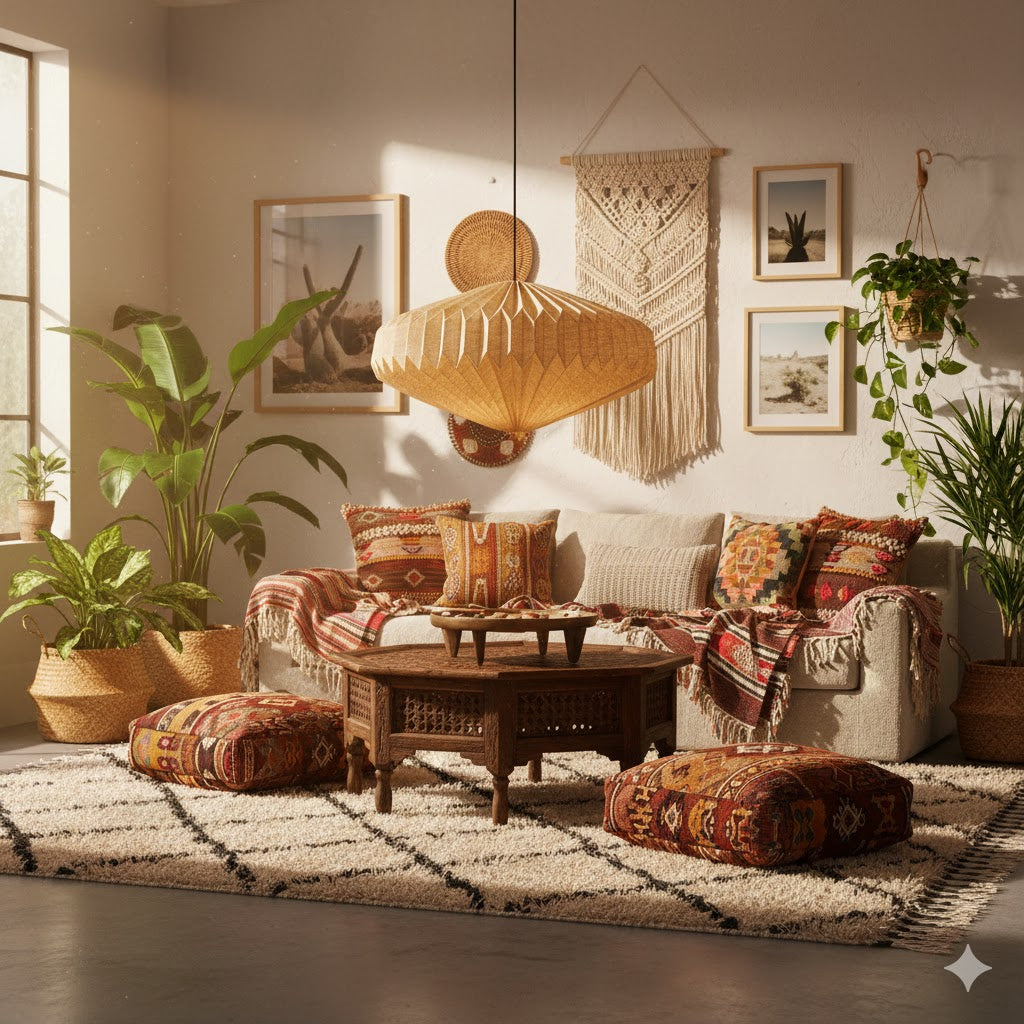 Bohemian woonkamer interieur met een beige geplooide harmonie ellips linnen hanglamp, rotan manden en kleurrijke kussens - Rimisa