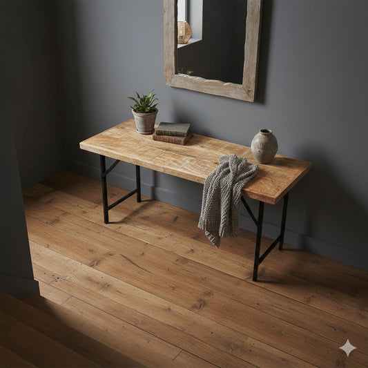 Uitzicht vanaf de trap in een sfeervolle hal met een opklapbare wandtafel van mangohout by Mooss tegen een donkere wand op een eikenhouten vloer rimisa