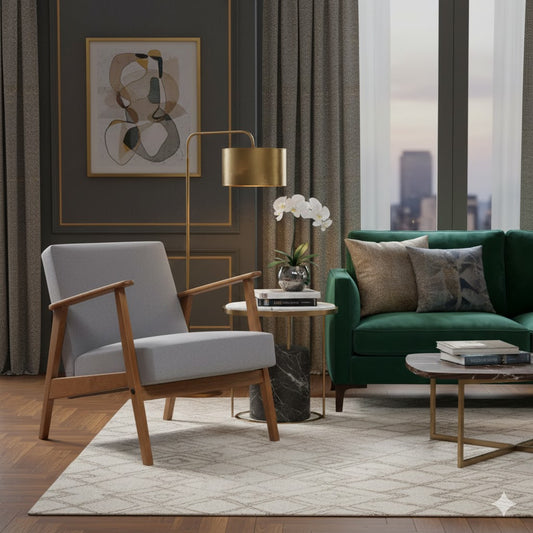 De lichtgrijze retro fauteuil van By Mooss met een donkerhouten frame in een modern klassieke woonkamer, gecombineerd met een groene fluwelen bank, gouden vloerlamp en een marmeren bijzettafel - Rimisa.