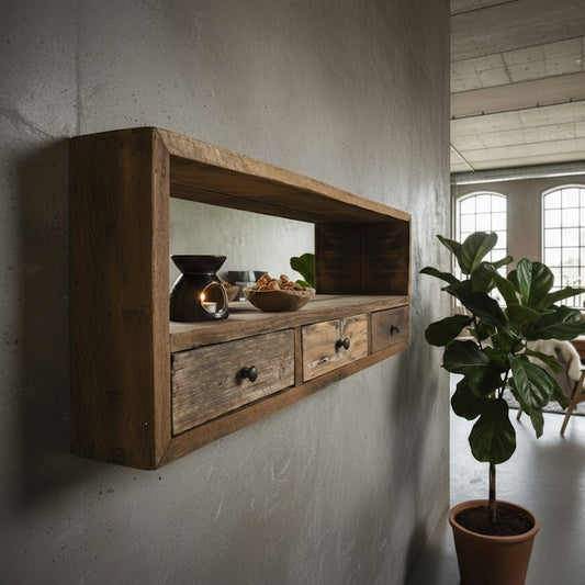 By Mooss wandspiegelkast van hout met drie lades en decoratie in een industrieel interieur Rimisa