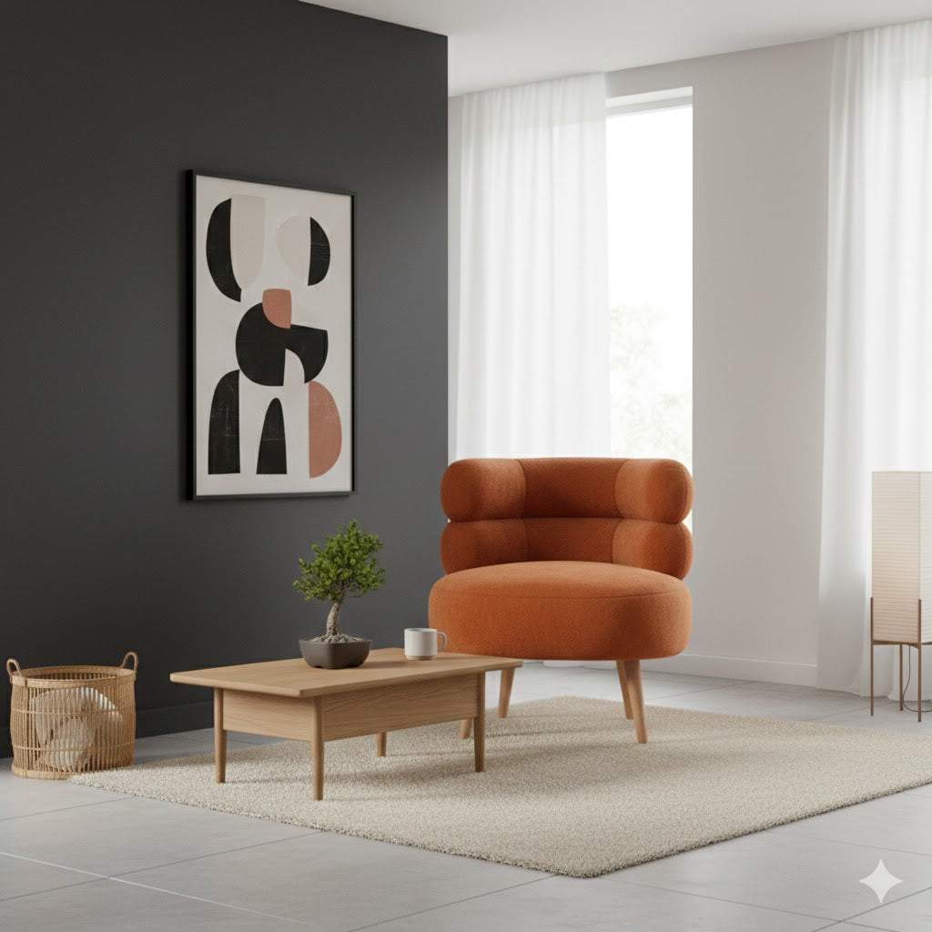 Oranje fauteuil Margot in een Japandi interieur met een donkergrijze accentmuur, houten salontafel, bonsai boom en minimalistische decoratie - Rimisa