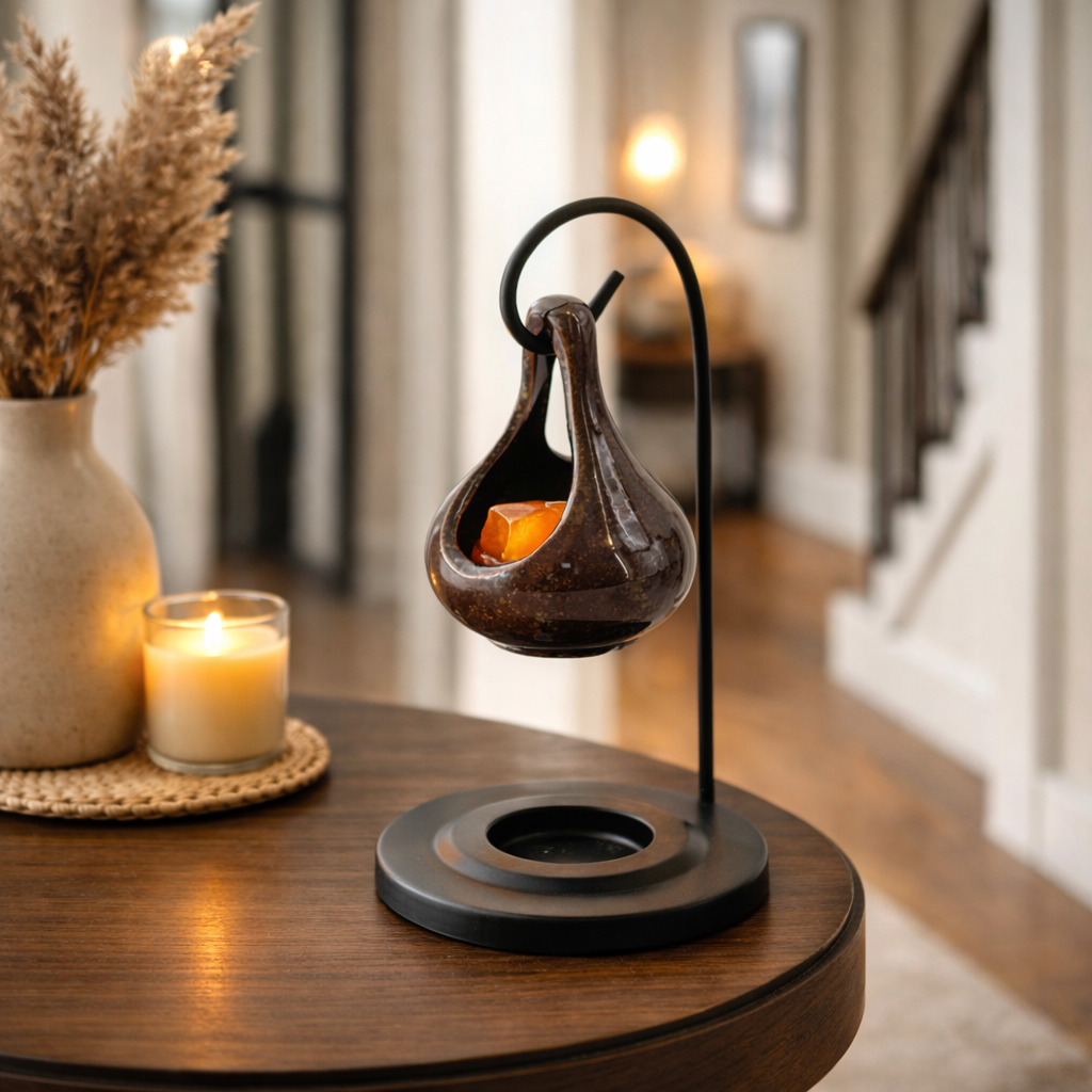 Geurbrander met powder amberblokje op sidetable in chique gang voor warme, uitnodigende sfeer