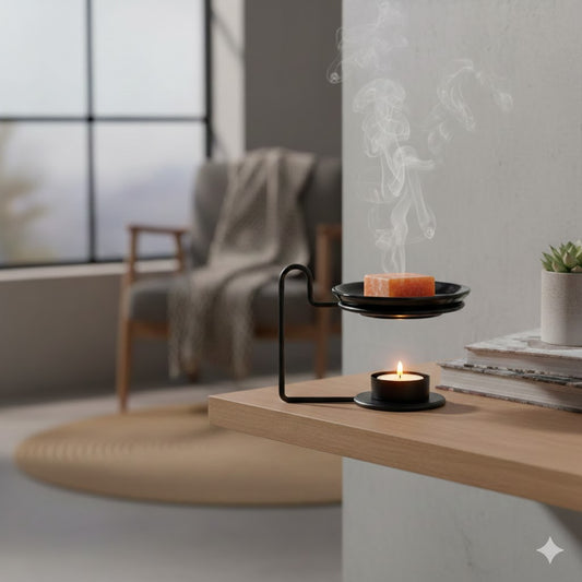 Sfeervolle interieurfoto van een zwarte keramieken geurbrander disk met een oranje amberblokje en brandend waxinelichtje op een houten plank - Rimisa