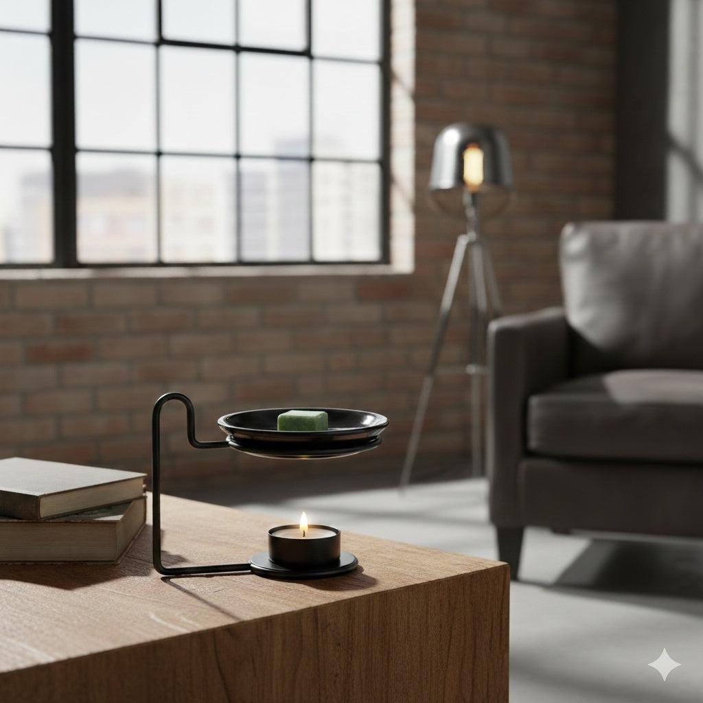 Moderne zwarte geurbrander Disk met waxinelichtje en wax melt in een industrieel interieur met bakstenen muur van Rimisa.