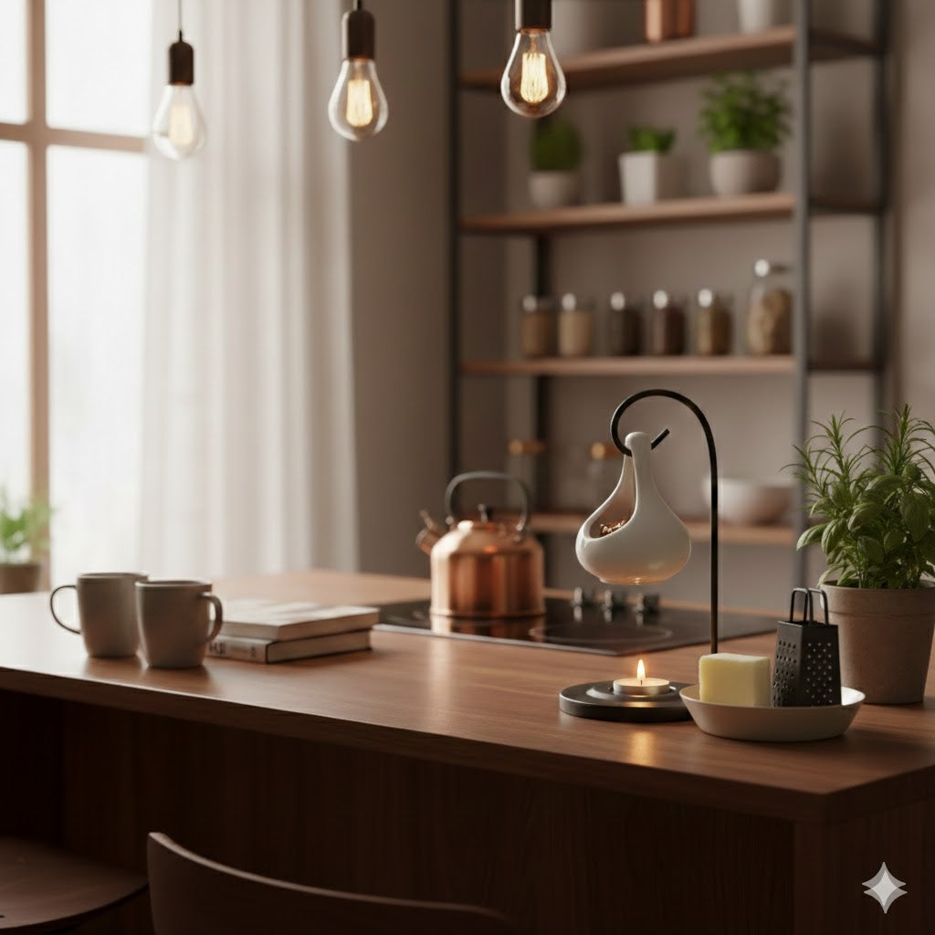 Witte keramische geurbrander op een houten bartafel naast een schaaltje met amberblokjes en een zwarte mini rasp in een sfeervolle woonkeuken, Rimisa.