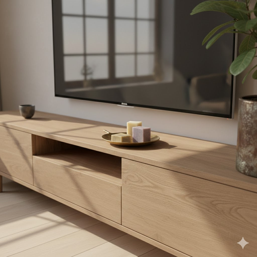 Modern licht eikenhouten tv-meubel tegen een stijlvolle antracietgrijze muur met sfeervolle woonaccessoires een metalenblad in goudkleur met amberblokjes van Rimisa en een groene plant in een sfeervol interieur,