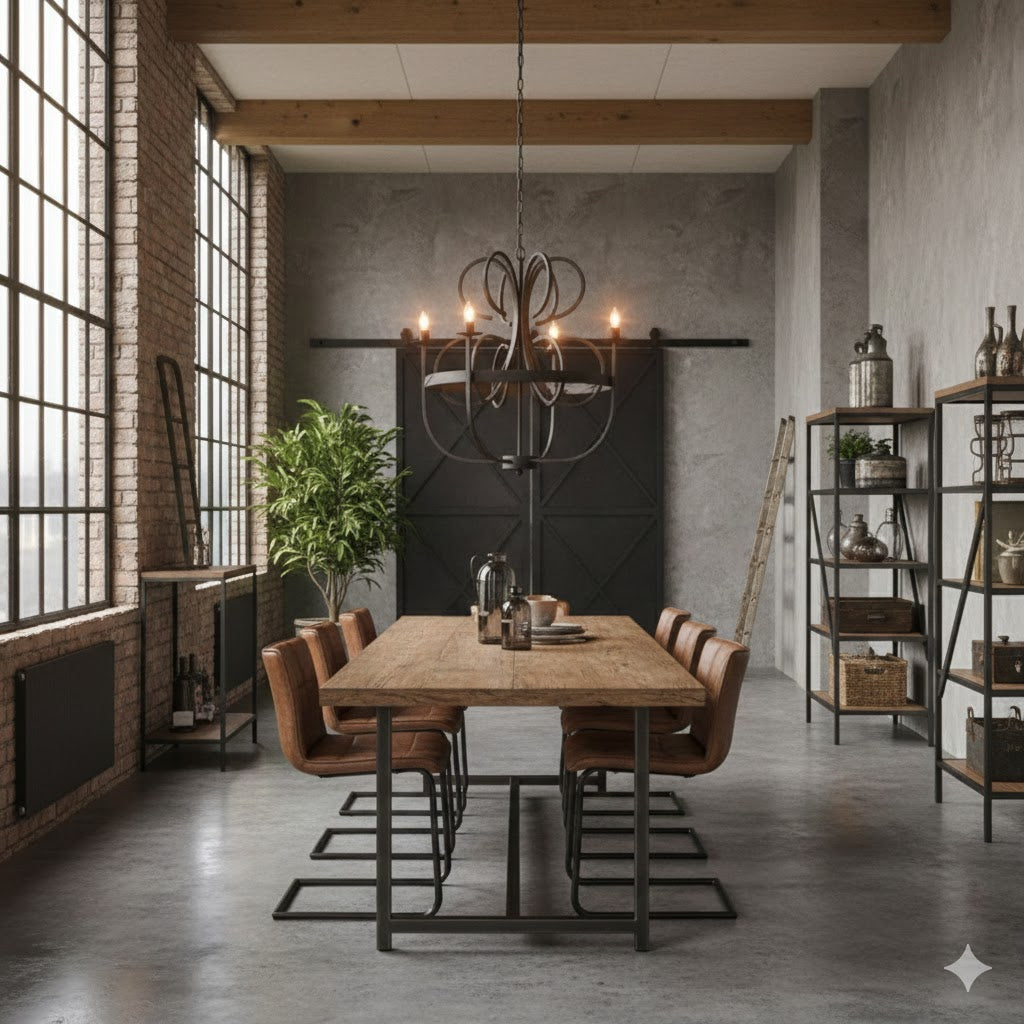 Stoere zwarte ijzeren kroonluchter met 4 armen met licht punten in een industrieel interieur met bakstenen muur en houten eettafel van Rimisa.