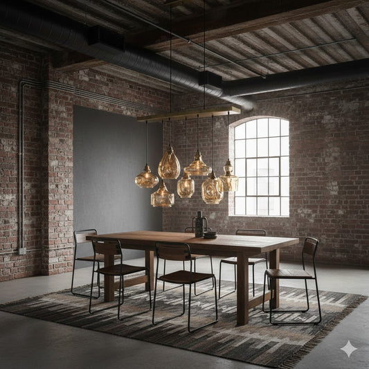 Hanglamp 7 amber glazen bollen – schaduwvrij tafellicht