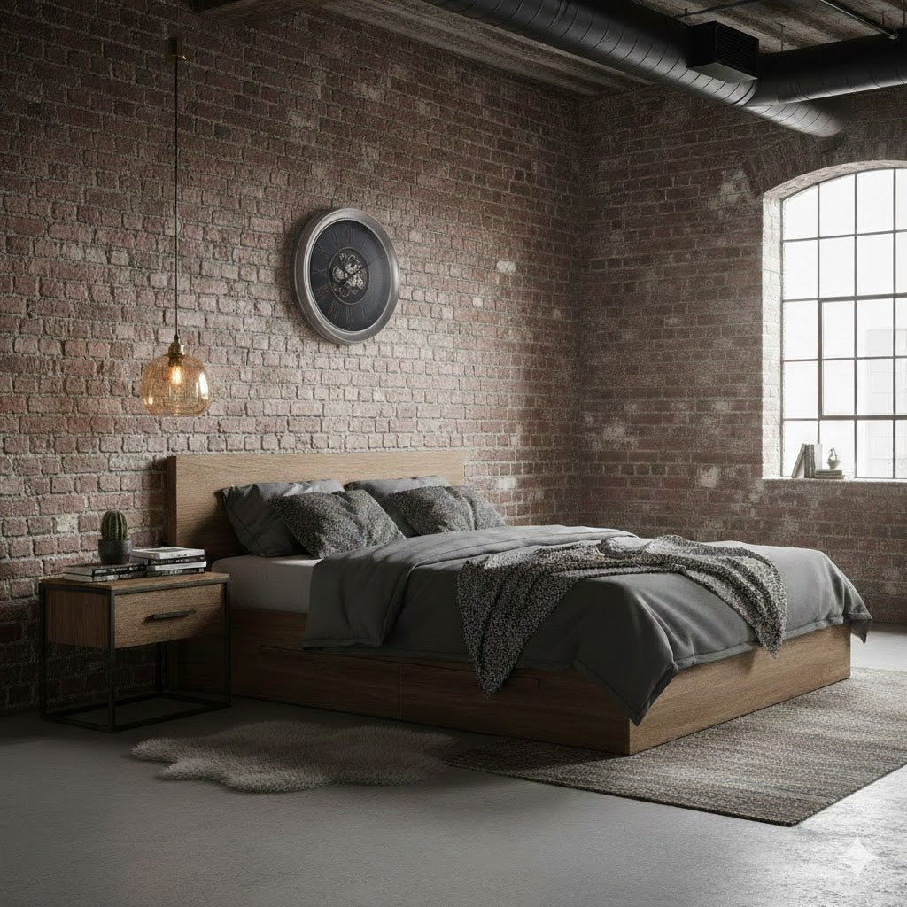 Industriële loft slaapkamer met een amberkleurige hanglamp boven het nachtkastje en een grote metalen wandklok aan een bakstenen muur van Rimisa