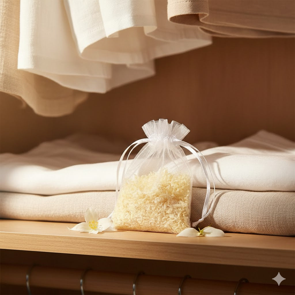 Close-up van een wit organza zakje gevuld met jasmijn amberblokje schaafsel, geplaatst op een plank in een linnenkast tussen fris wit beddengoed van Rimisa.