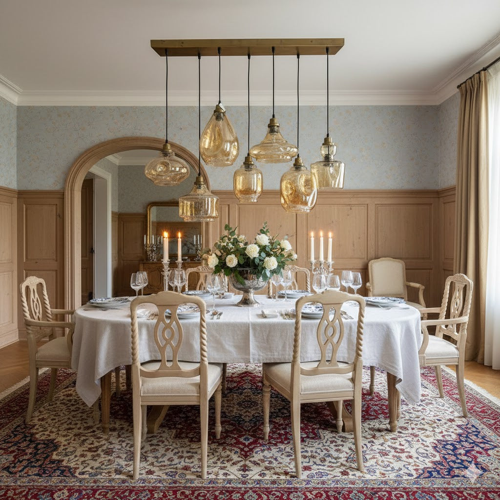 Landelijke hanglamp met 7 amberkleurige glazen bollen boven een klassiek gedekte eettafel in een landhuis interieur van Rimisa