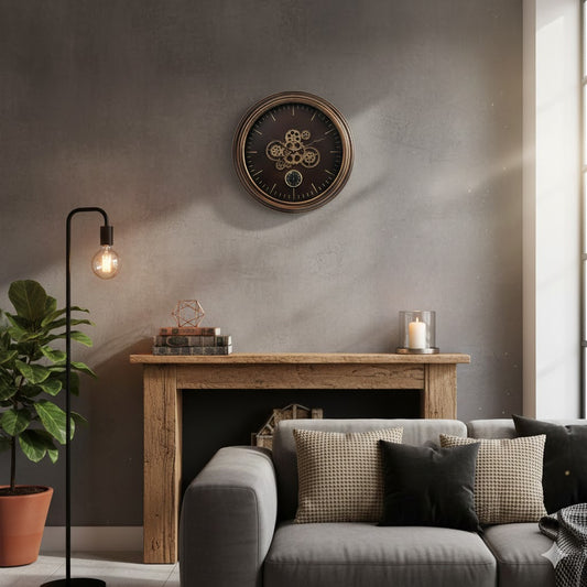 Sfeervolle woonkamer met een gouden radarklok Budapest boven een houten schouw, gecombineerd met een grijze bank en moderne woonaccessoires.