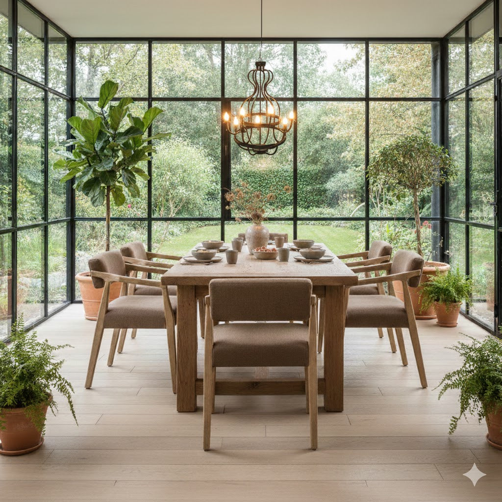 Eetkamer in een lichte serre met zes Japandi armstoelen van mangohout, een robuuste eikenhouten tafel en een sfeervolle zwarte kroonluchter met gedimde led-kaarslampen - Rimisa