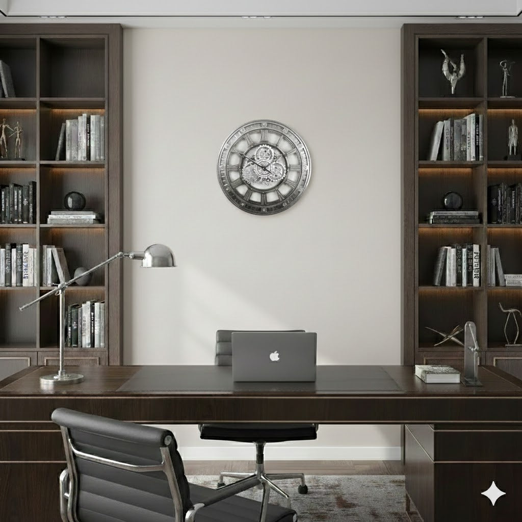 Luxe thuiswerkplek interieur met een stijlvol houten bureau en designlamp waar de industriële radarklok Nora van 46cm met zichtbare tandwielen als wanddecoratie hangt rimisa
