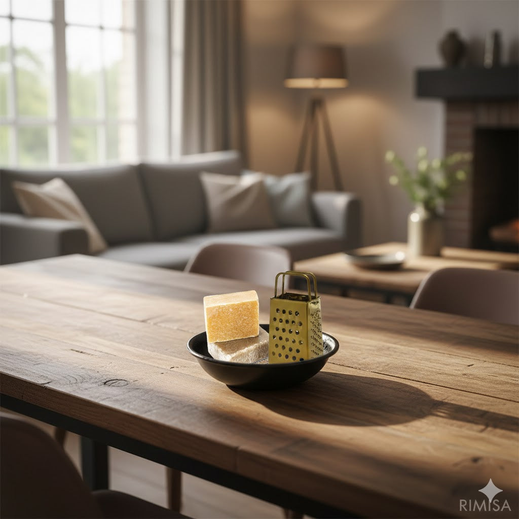 Sfeervol zwart metalen schaaltje op een houten tafel in een woonkamer, gevuld met een gouden minirasp en twee amberblokjes met lichte schaduwval - Rimisa