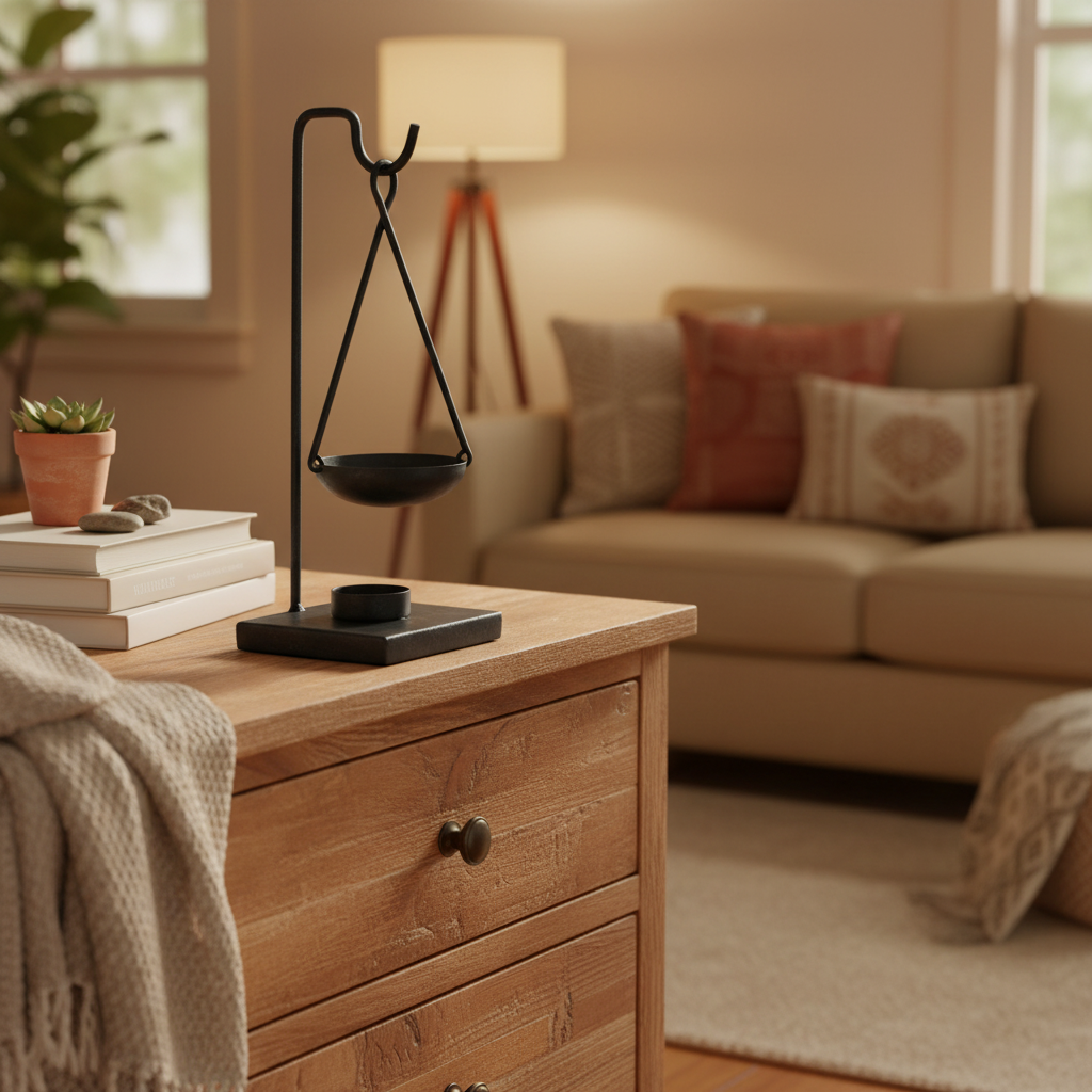 Zwarte metalen geurbrander voor amberblokjes in een rustgevende Japandi setting op een houten ladekast van Rimisa.