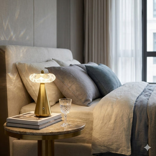De Diamond Diva draadloze lamp op een nachtkastje, die een rustgevende en elegante sfeer creëert in de slaapkamer, verkrijgbaar bij Rimisa.