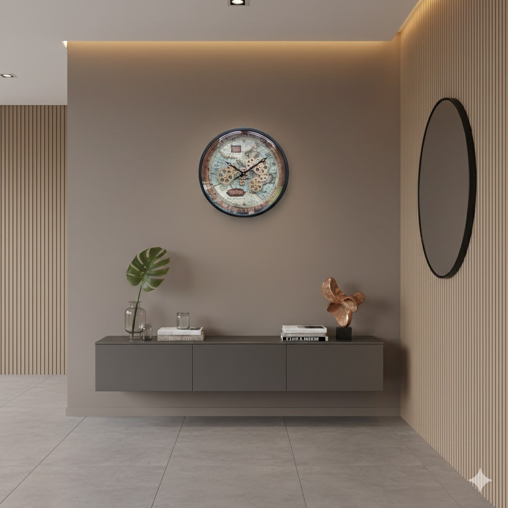 Moderne hal met een Radarklok Boaz 46cm aan een strakke muur naast een houten latjeswand en zwevend dressoir - Rimisa