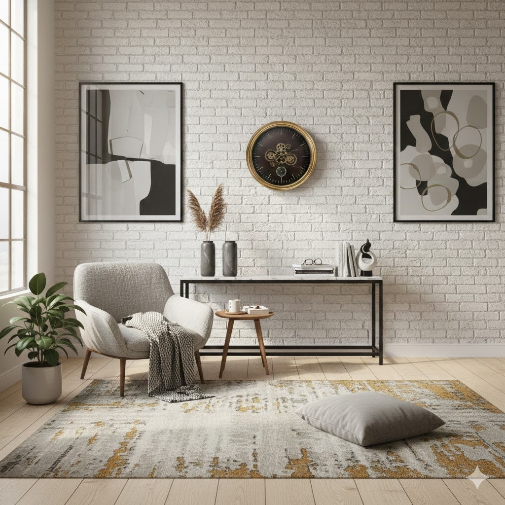 Gouden radarklok Budapest met thermometer aan een witte bakstenen muur in een sfeervolle woonkamer met een fauteuil, plaid en vloerkleed van Rimisa.