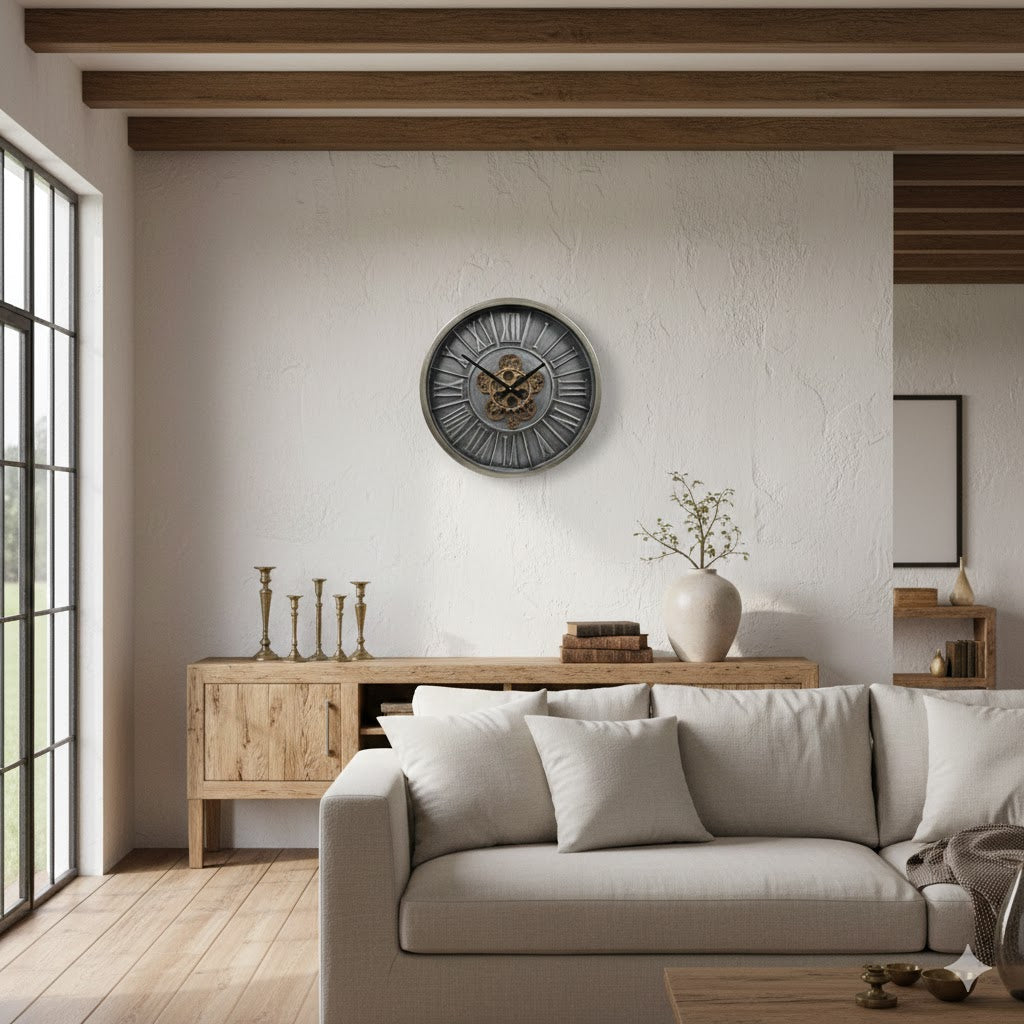 De industriële radarklok Hamburg S van 46,5 cm in een verbouwde moderne woonboerderij met eikenhouten balken en een stijlvol interieur van rimisa