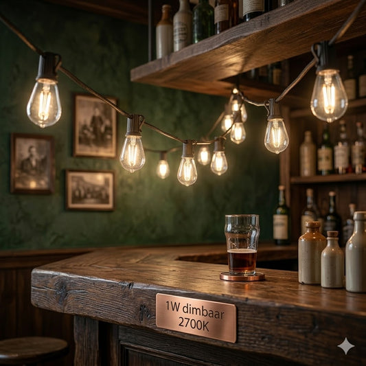 Sfeervolle close-up van een rustieke bar met een donker gebeitst houten barblad en een string van Rimisa prikkabel filament LED-lampen (E27, dimbaar, 1W) met een warmwitte 2700K gloed, gedrapeerd over een houten plank boven vintage baraccessoires.