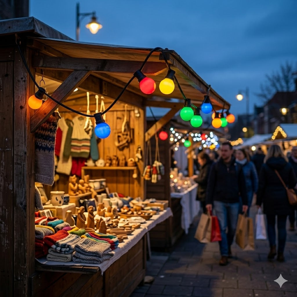 Authentieke braderie marktkraam bij invallende schemering, verlicht door een Rimisa prikkabel ledlampen set (rood, geel, groen, blauw, oranje) met E27 fitting en polycarbonaat kap. De 1W lampen zijn valbestendig en niet-dimbaar.