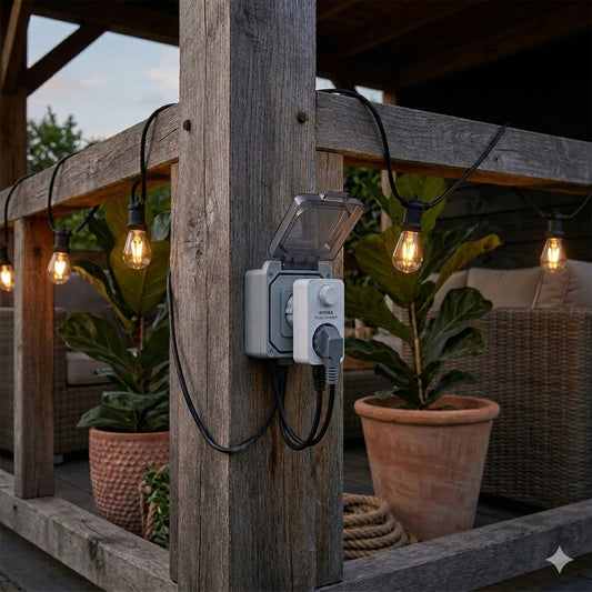 De witte Rimisa Plug Dimmer is aangesloten op een robuuste houten overkapping bij schemering. De dimmer regelt de sfeervolle, gedimde warm-witte prikkabel-verlichting boven een buitenlounge-set.