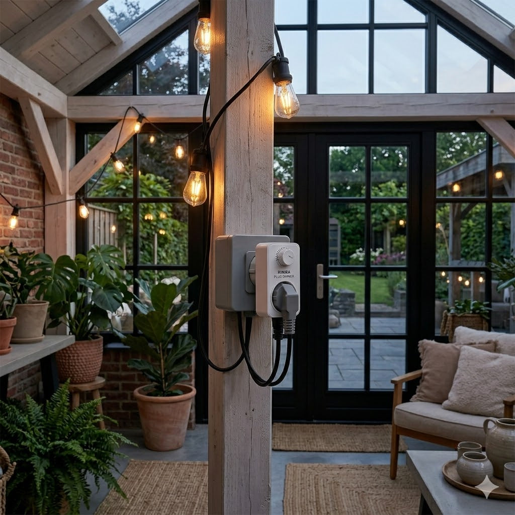 De witte Plug Dimmer is prominent aangesloten op een houten balk in een sfeervolle serre. De dimmer regelt de sfeervolle, warm-witte prikkabel-verlichting boven een gezellige loungehoek met glazen deuren naar de tuin.