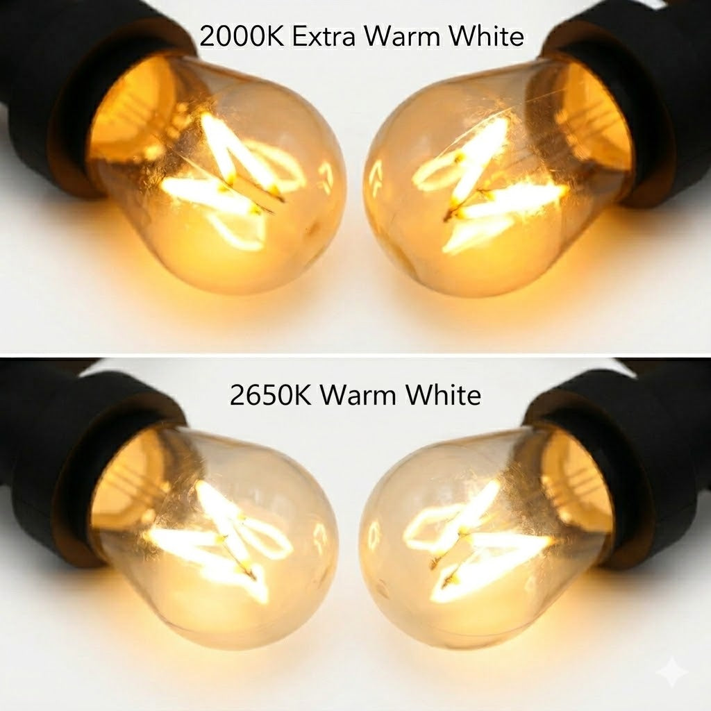 Een onberispelijke vergelijkingsafbeelding van de Rimisa prikkabel LED-filamentlampen. Boven: twee diep amberkleurige lampen, gelabeld "2000K Extra Warm White". Onder: twee iets crisper goudkleurige lampen, gelabeld "2650K Warm White". Beide tonen de intricate filamentstructuur op een witte achtergrond, ontworpen om het verschil in kleurtemperatuur voor e-commerce te verduidelijken.