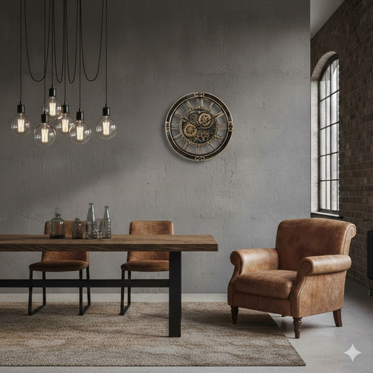 Sfeervol industrieel loft interieur met de Rimisa Kadan radarklok als eyecatcher aan een betonnen wand, gecombineerd met een robuuste houten eettafel, bruine leren stoelen en warme Edison hanglampen."
