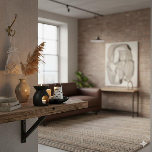 Sfeervolle setting met amberblokjes, mini-rasp en geurbrander in een loft interieur met Rimisa gebruikstips - Rimisa