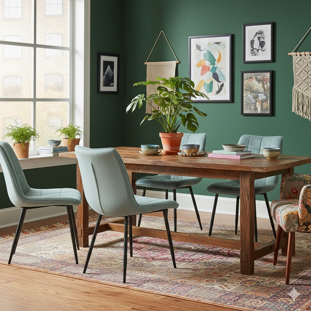 Vier lichtblauwe Lucille eetkamerstoelen rond een robuuste houten tafel in een groen eclectisch interieur met een Monstera plant en vintage vloerkleed.