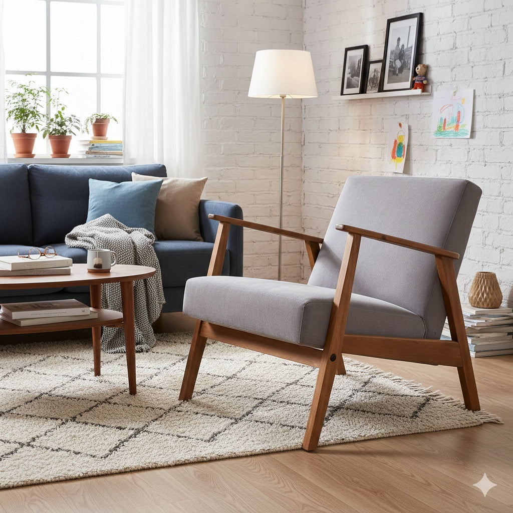 Grijze ribstof fauteuil van By Mooss in jaren 60 stijl met houten frame in een licht Scandinavisch interieur met een witte bakstenen muur, blauwe bank en een ruitvormig vloerkleed - Rimisa