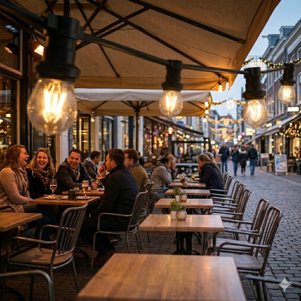 Een Rimisa 25M prikkabel met dimbare 4W prikkabel led lampen verlichten een gezellig terras in het uitgaansleven.