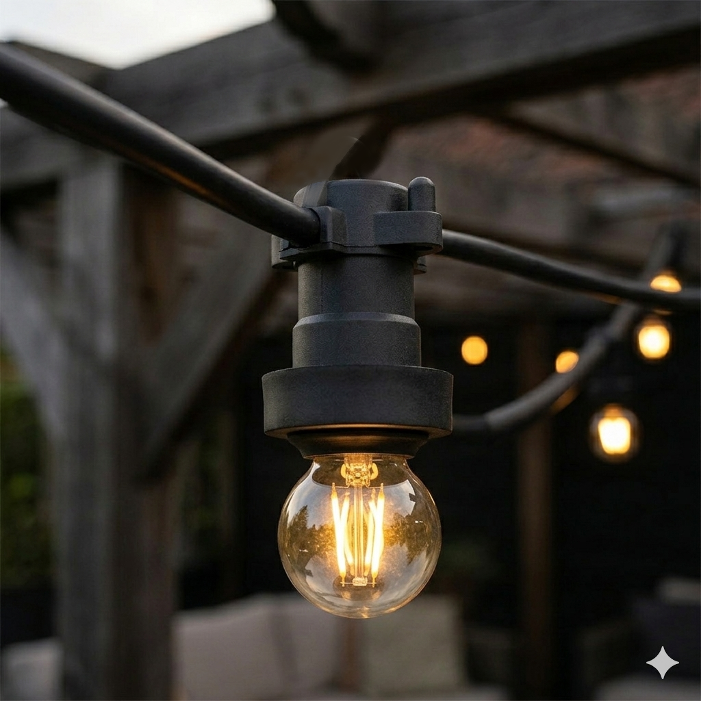 Gedetailleerde sfeerfoto van een zwarte E27 fitting met afdichtring gemonteerd op een prikkabel, voorzien van een warme LED lamp in een gezellige tuinsetting van Rimisa.