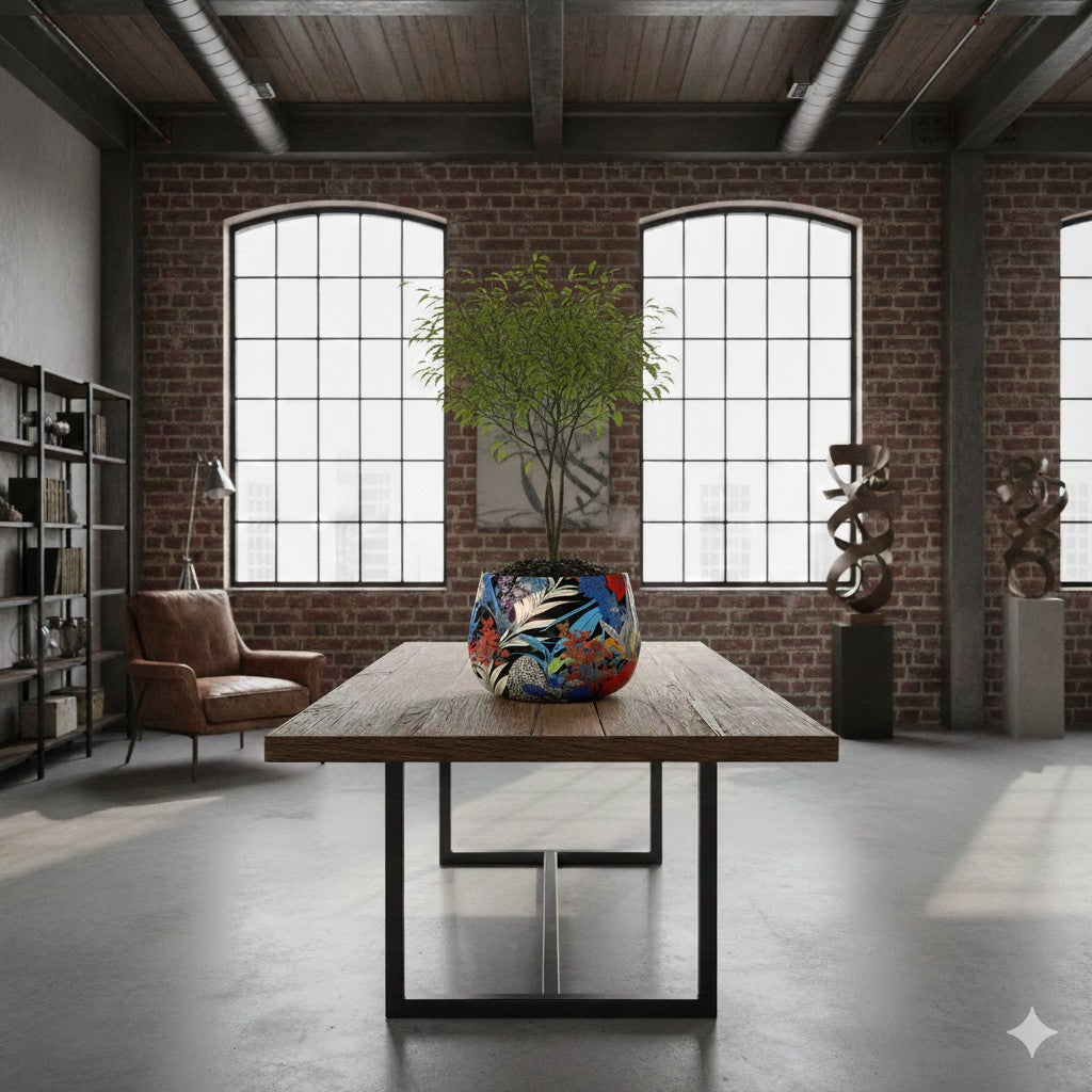 Een middelgrote bloempot met een druk, kleurrijk bloemen- en bladerenpatroon, gevuld met een klein boompje met een gevlochten stam, geplaatst op een houten tafel in een lichte kamer vol met andere groene kamerplanten.