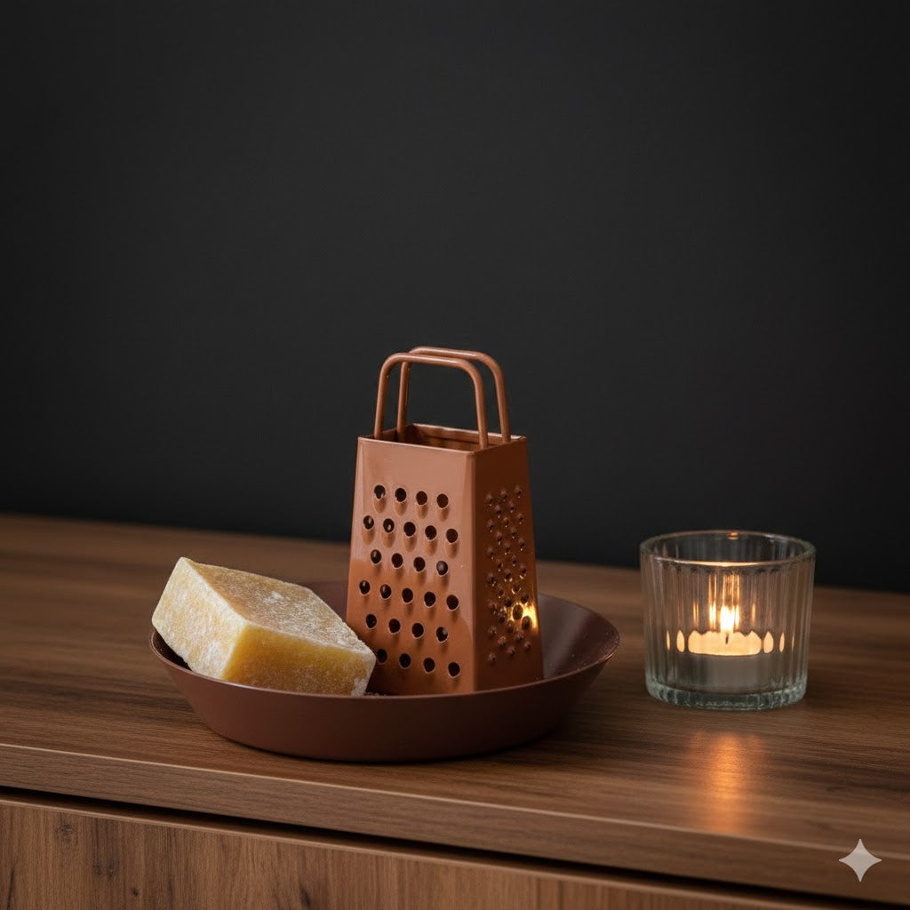 Sfeervol amber cadeau pakket op een houten dressoir met een lemongrass geurblokje, roestkleurige mini rasp en een brandend waxinelichtje in geribbeld glas tegen een donkere Japandi muur van Rimisa.