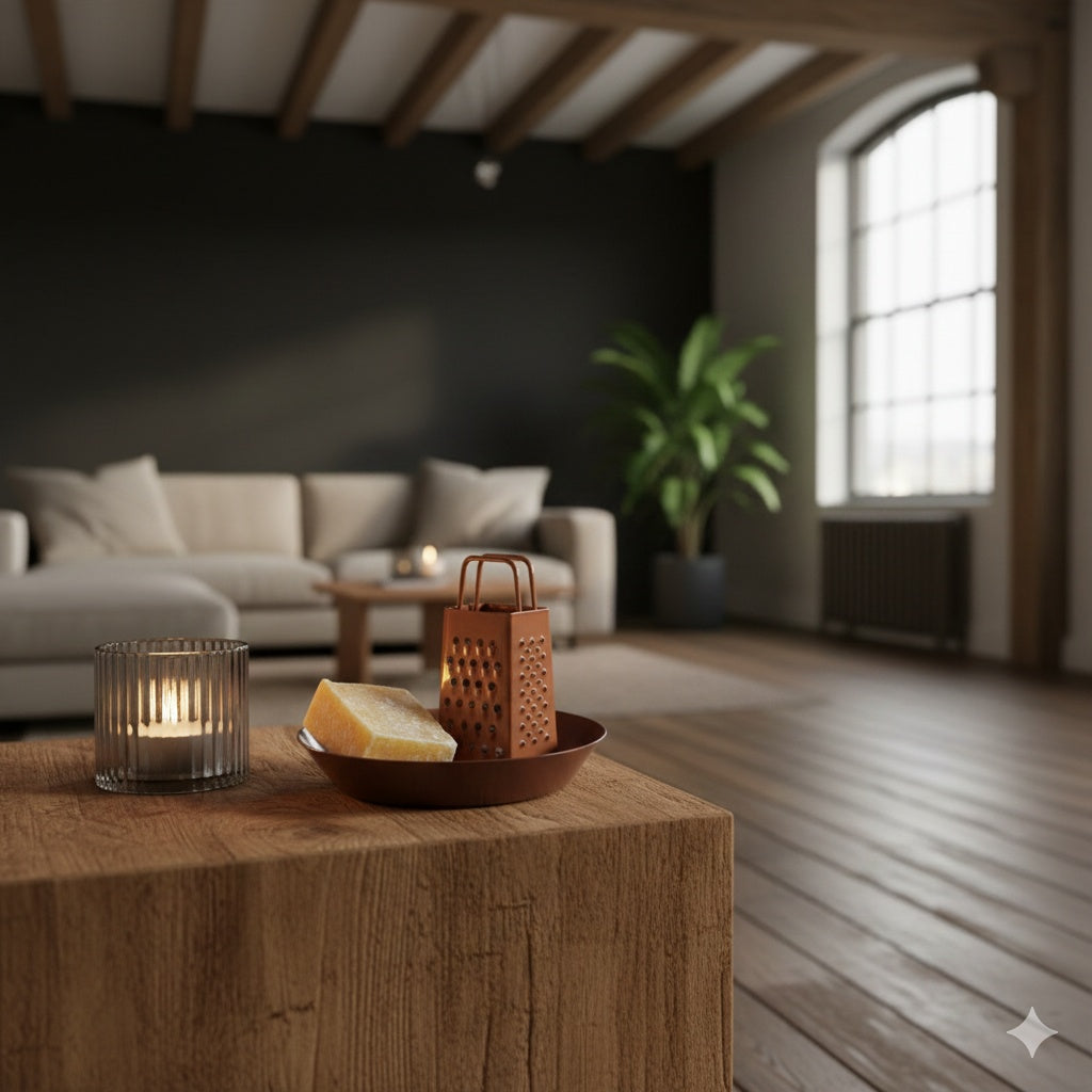Luxe loft interieur met een amber cadeau pakket op een houten tafel, bestaande uit een lemongrass geurblokje, roestkleurige mini rasp en een sfeervol brandend waxinelichtje van Rimisa.