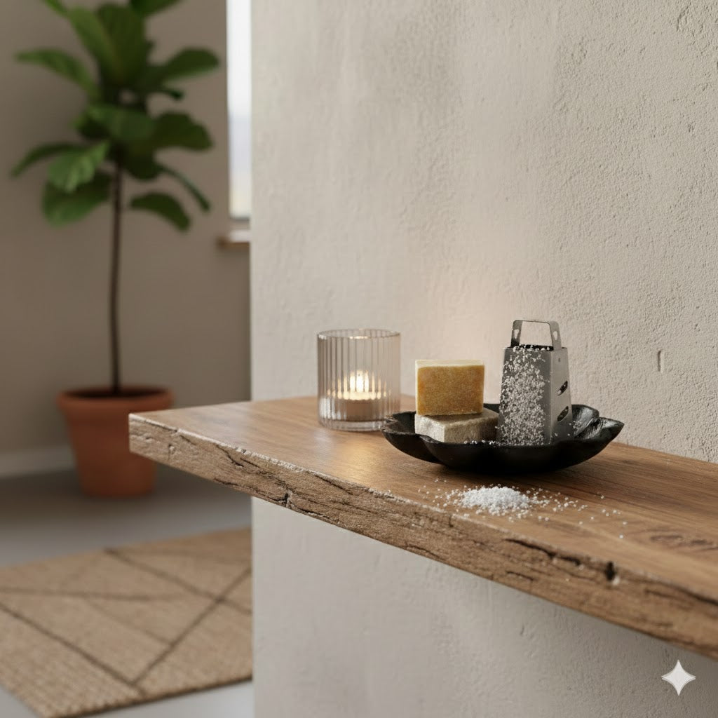 Wit amberblokje met schaafsel op een mini-rasp in een zwart bloemschaaltje naast een waxinelichtje in een organische gang - Rimisa