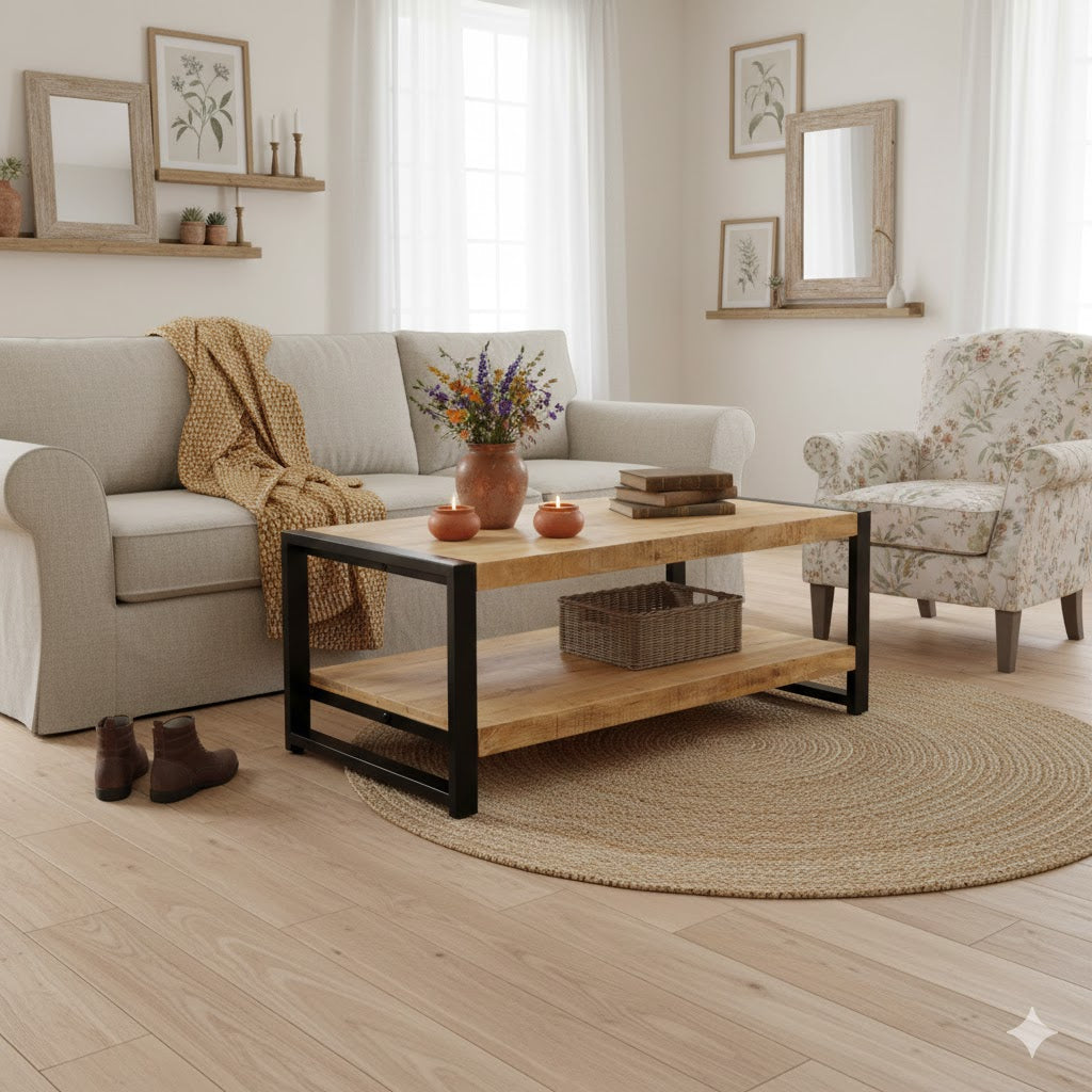 Een industriële Britt salontafel van mangohout met een zwart metalen frame in een sfeervolle Japandi woonkamer. Op de tafel staan een vaas met bloemen, kaarsen en boeken. In de achtergrond staat een beige bank met een gedrapeerd plaid, een bloemen fauteuil en een ronde jute vloerkleed op een lichte houten vloer.