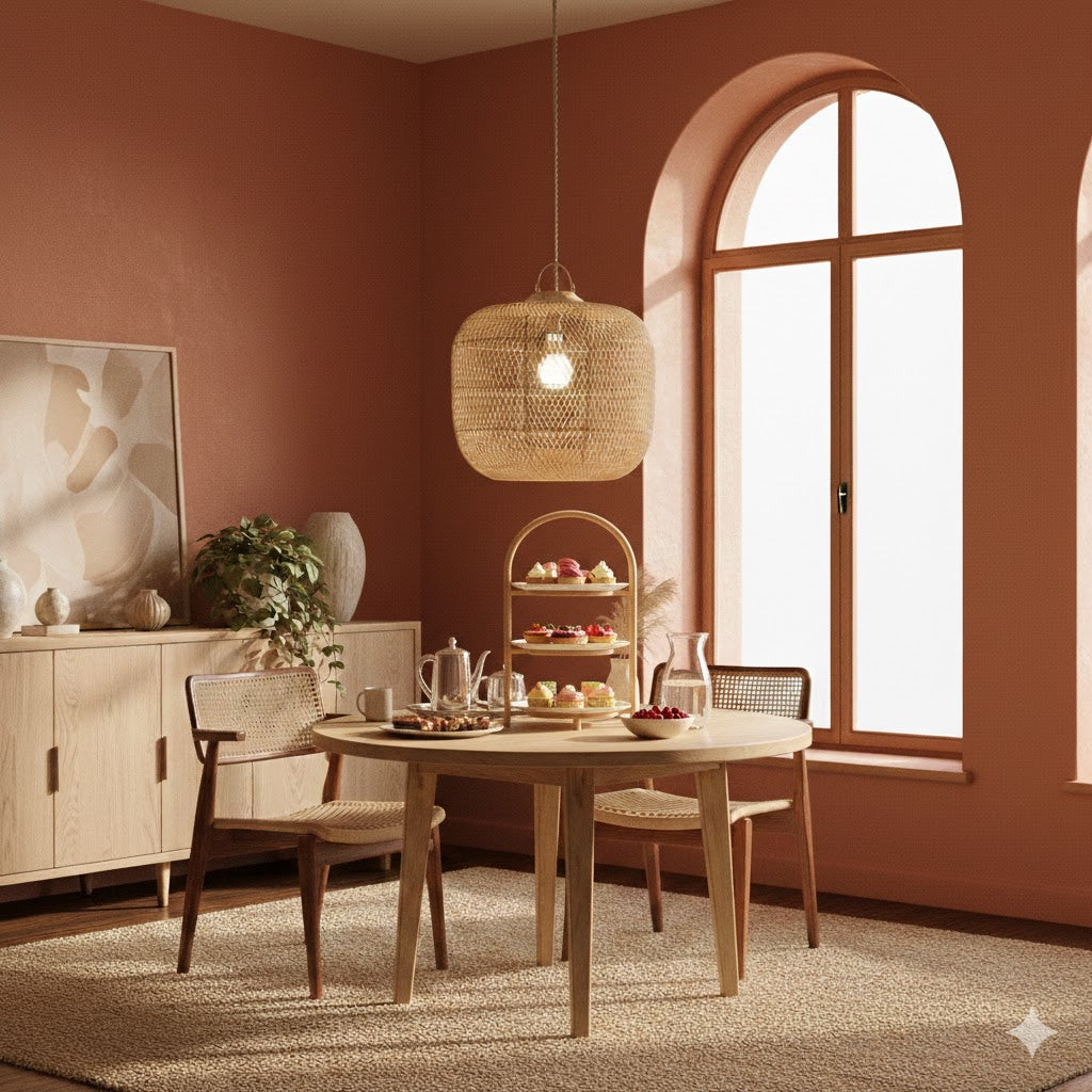Natuurlijke rieten Batu Bolong hanglamp met brandende ledlamp boven een ronde eettafel met high tea decoratie Rimisa