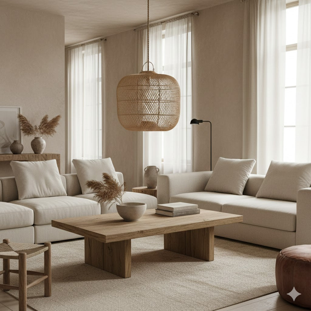 Verlichte Batu Bolong hanglamp van natuurlijk riet boven een houten salontafel in een sfeervol wabi-sabi interieur Rimisa
