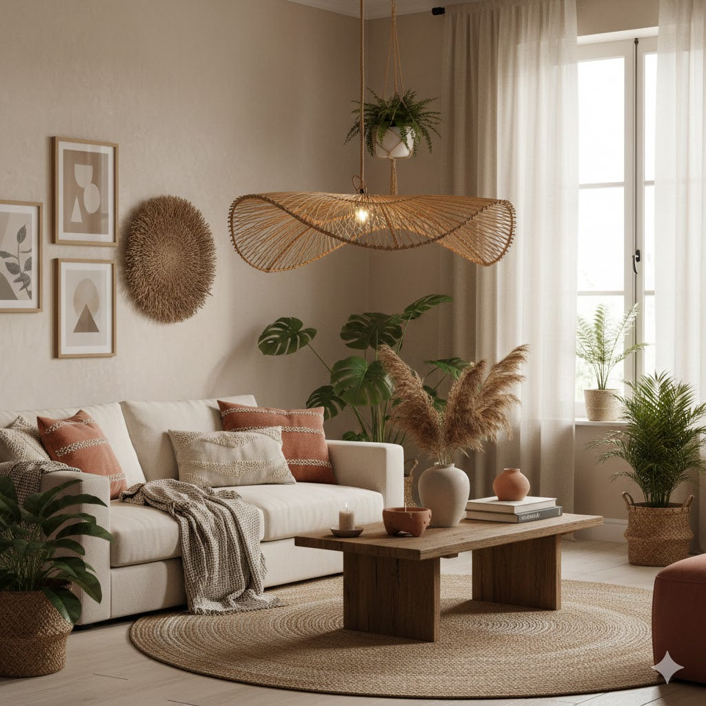 Sfeervolle woonkamer met de grote rotan Chapeau hanglamp van Bazar Bizar boven een houten salontafel, omringd door beige meubels, groene kamerplanten en bohemian wanddecoratie van Rimisa.