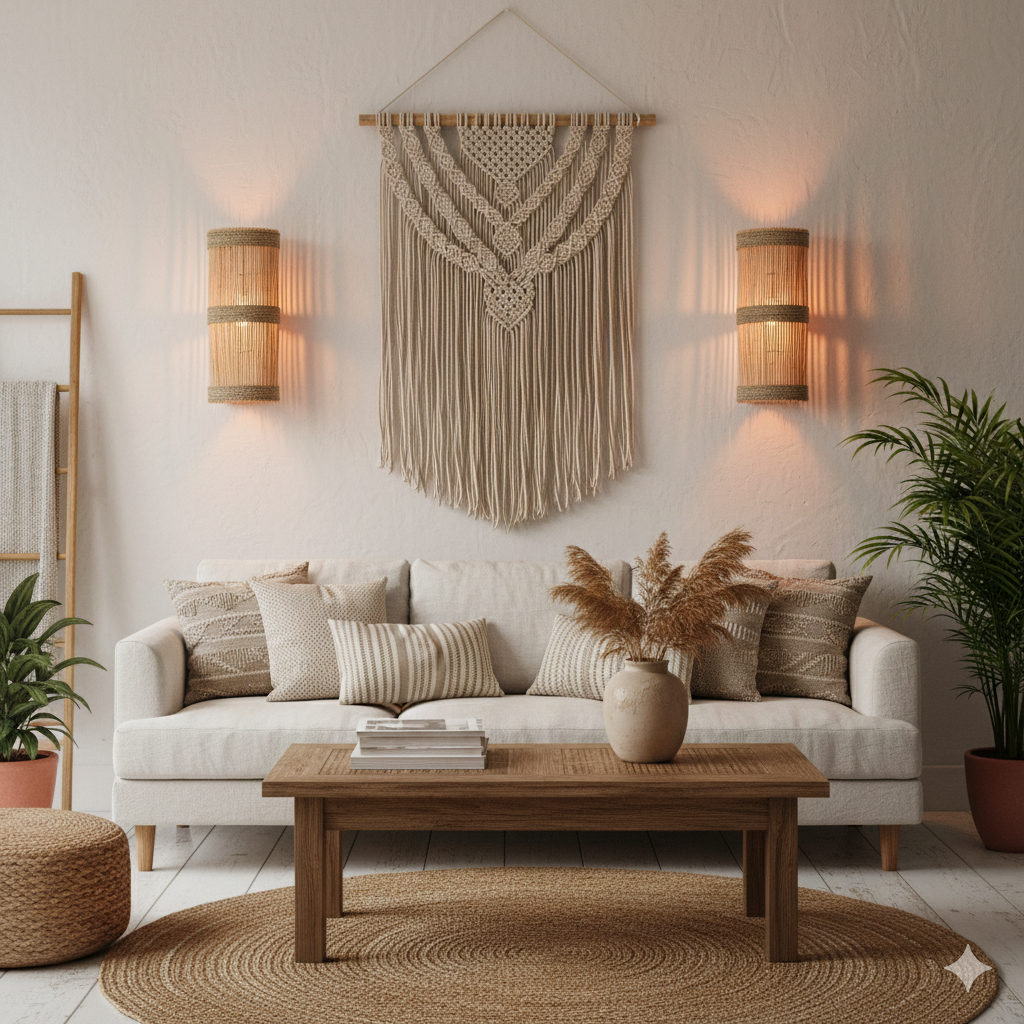 Twee Bazar Bizar Jalal Applique muurlampen in een sfeervol boho interieur boven een bank met macramé wandkleed, gepresenteerd door Rimisa.