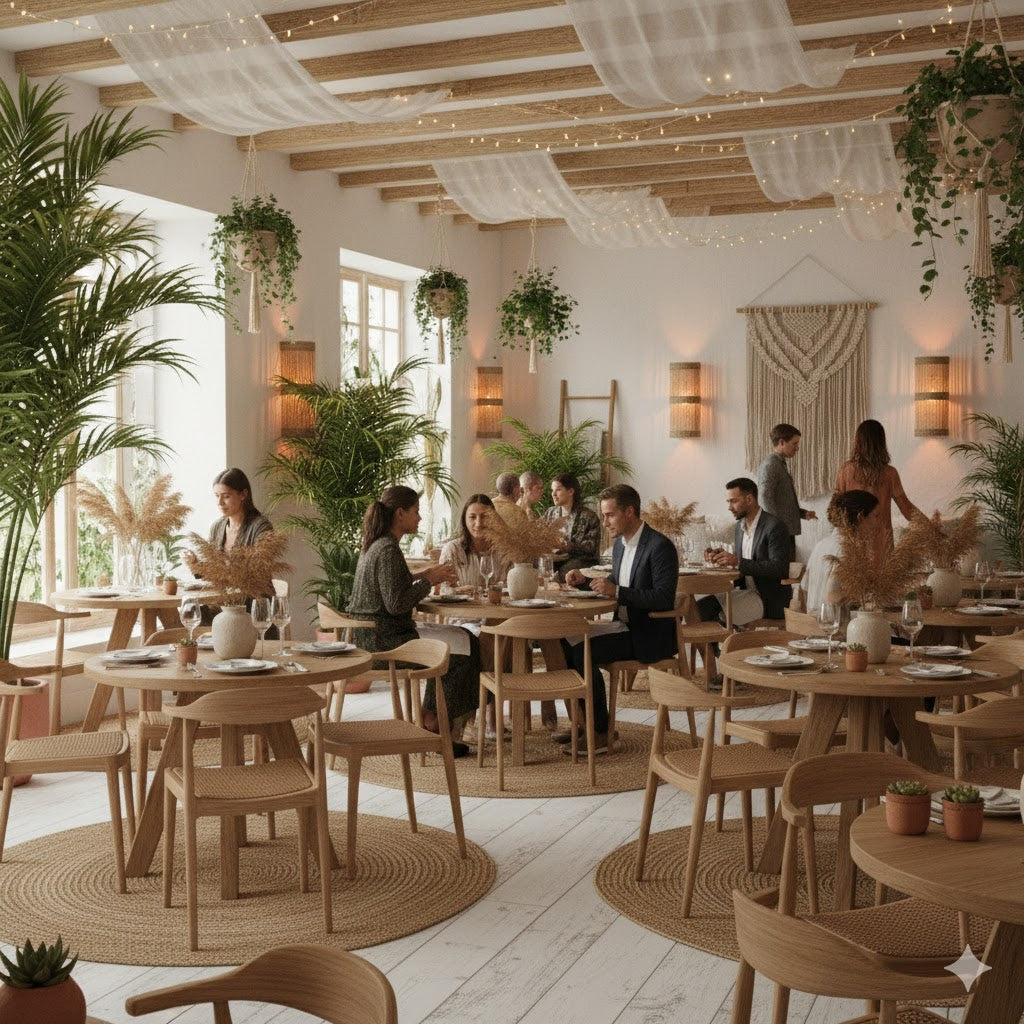 Luxe boho-chique restaurant setting met Bazar Bizar Jalal Applique muurlampen, houten balkenplafond en sfeervolle tafeldecoratie van Rimisa.