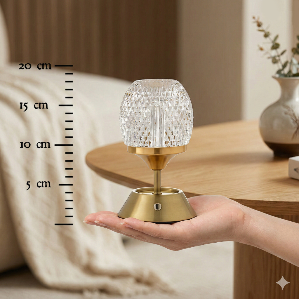 Realistische foto van de The Glow Sinatra LED-tafellamp van Bazar Bizar met een kap van kristalglas en een gouden basis, vastgehouden door een vrouwenhand in een warm bohemien interieur. Inclusief een maatschaal tot 20 cm