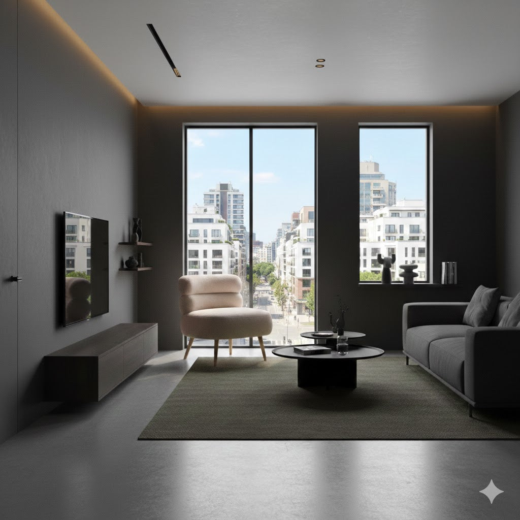 Beige teddy fauteuil Margot in een minimalistisch donker interieur met een wit plafond en uitzicht op de stad door grote ramen van Rimisa.