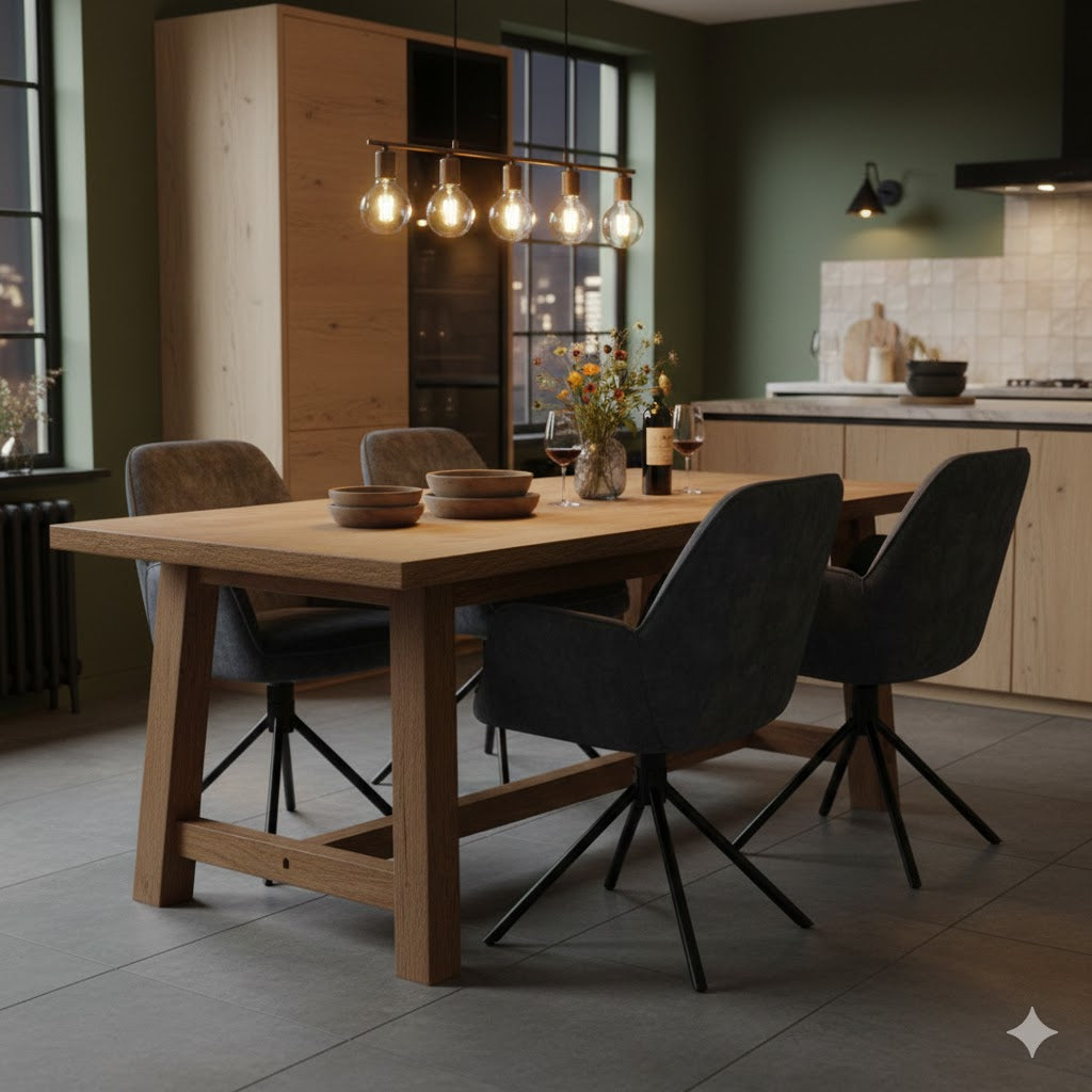 Comfortabele antraciet fluwelen Benoa Noah eetkamerstoelen in een gezellige woonkeuken met warm sfeerlicht, een gedekte houten tafel en een moderne groene muur.